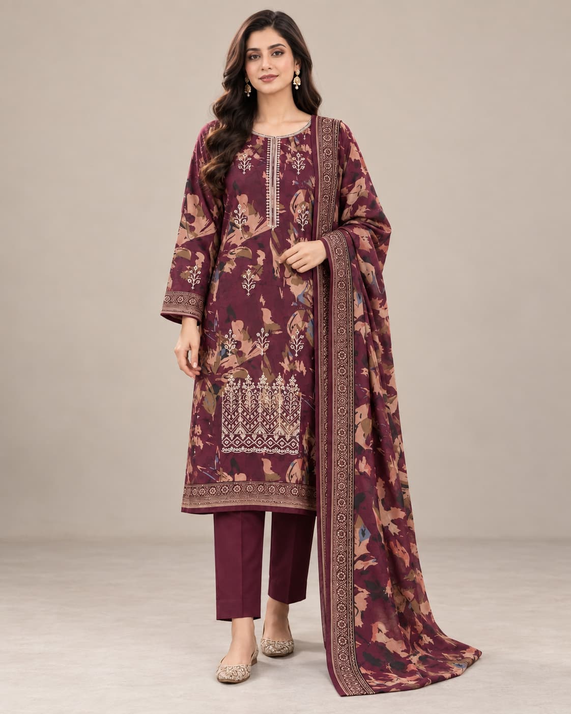 Burgundy Dhanak Unstitched 3 Piece Suit front view - Zaylena Wear