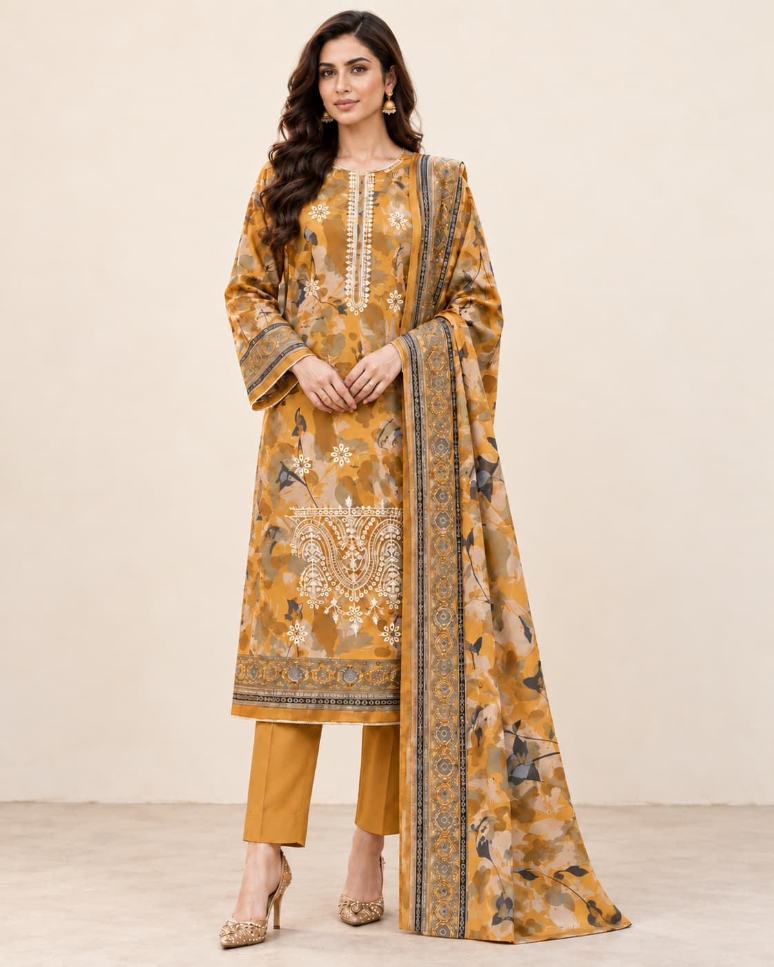 Mustard Golden Dhanak Unstitched 3 Piece Suit front view - Zaylena Wear