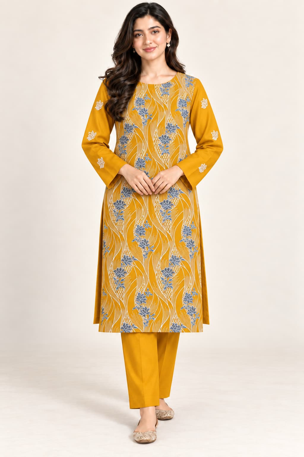 Mustard & Blue Embroidered Dhanak Unstitched 2 Piece Suit front view - Zaylena Wear