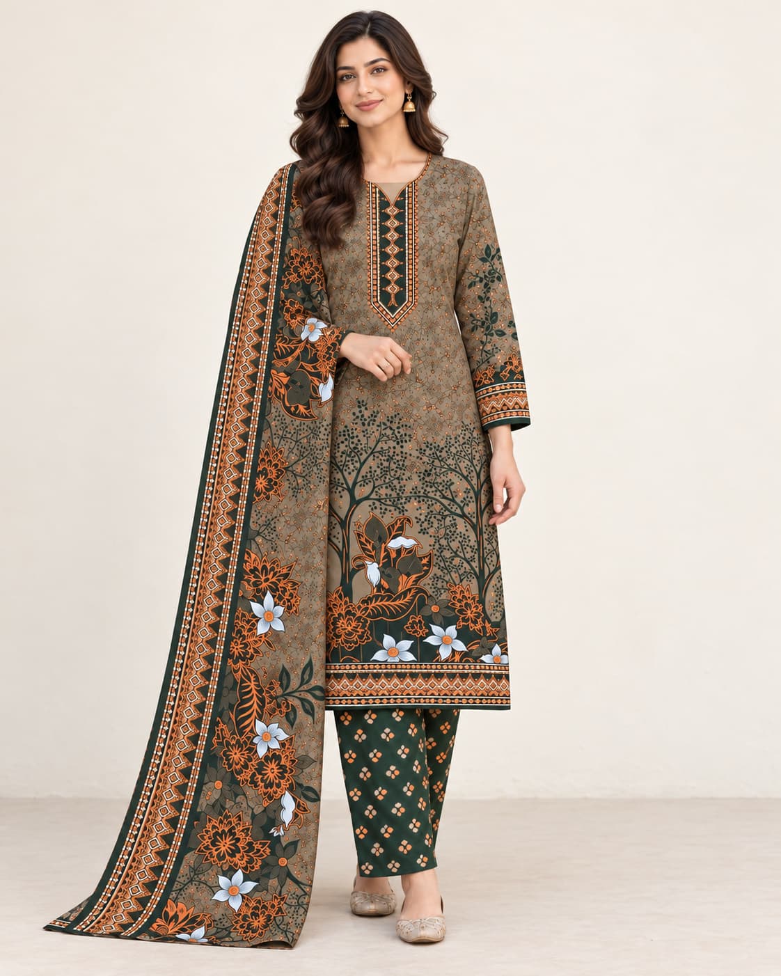 Forest Green & Peach Printed Linen Marina Unstitched 3 Piece Suit product view - Zaylena Wear