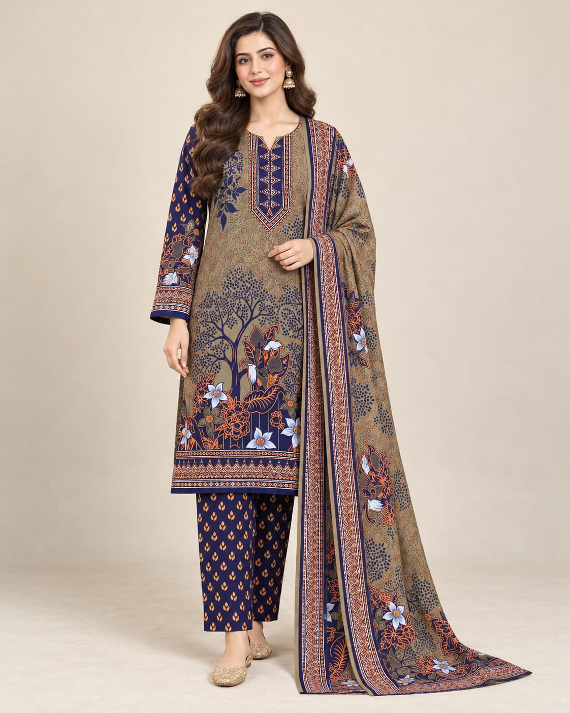 Olive & Navy Printed Linen Marina Unstitched 3 Piece Suit product view - Zaylena Wear
