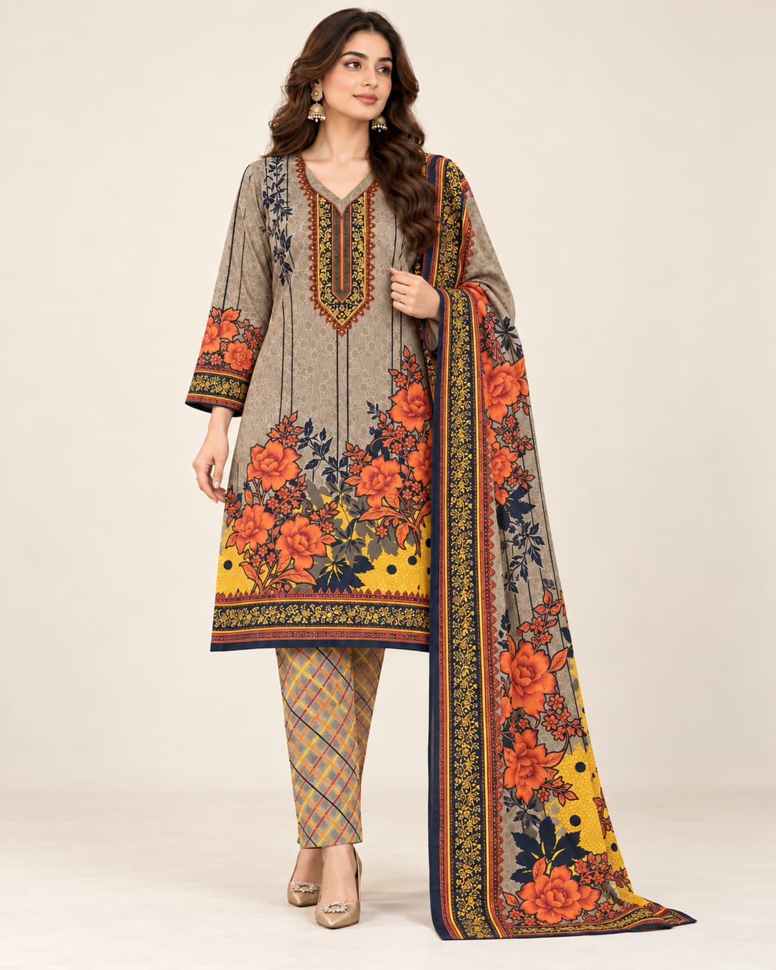 Taupe & Coral Printed Linen Marina Unstitched 3 Piece Suit product view - Zaylena Wear
