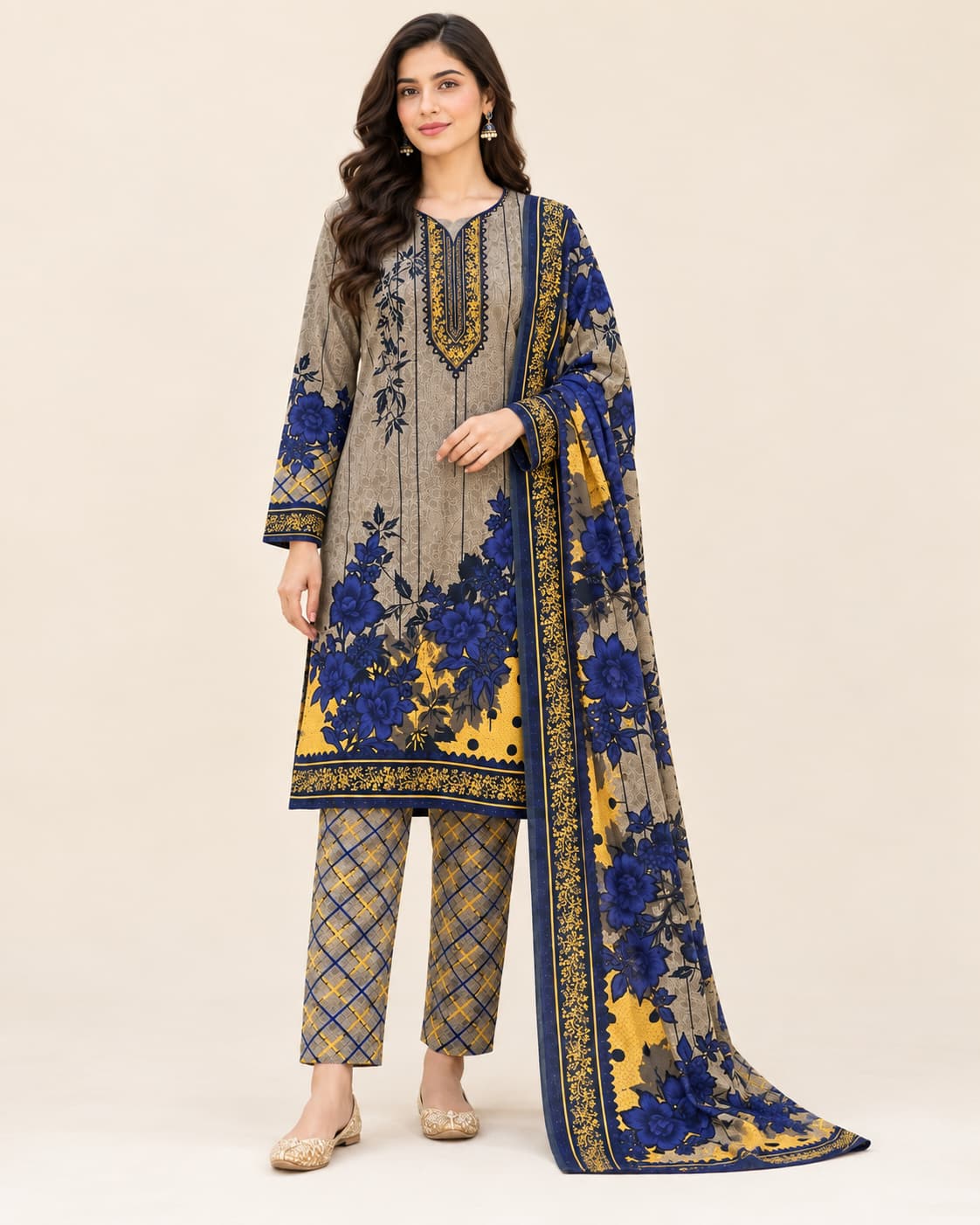 Taupe, Navy & Mustard Printed Linen Marina Unstitched 3 Piece Suit product view - Zaylena Wear