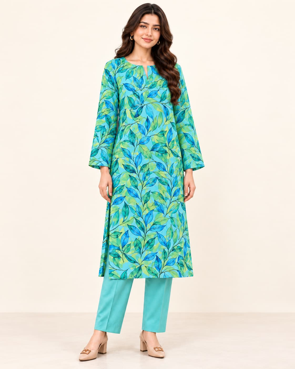 Aqua Leaf Printed Linen Marina Unstitched 2 Piece Suit front view - Zaylena Wear
