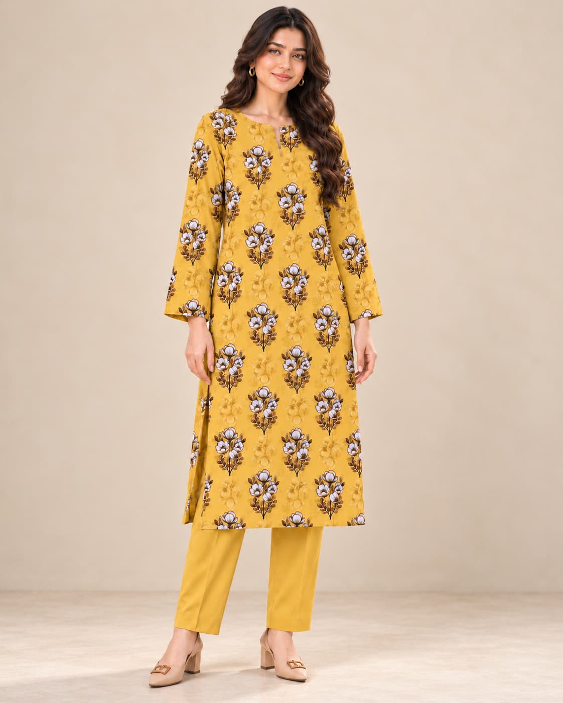 Mustard White Floral Printed Linen Marina Unstitched 2 Piece Suit front view - Zaylena Wear