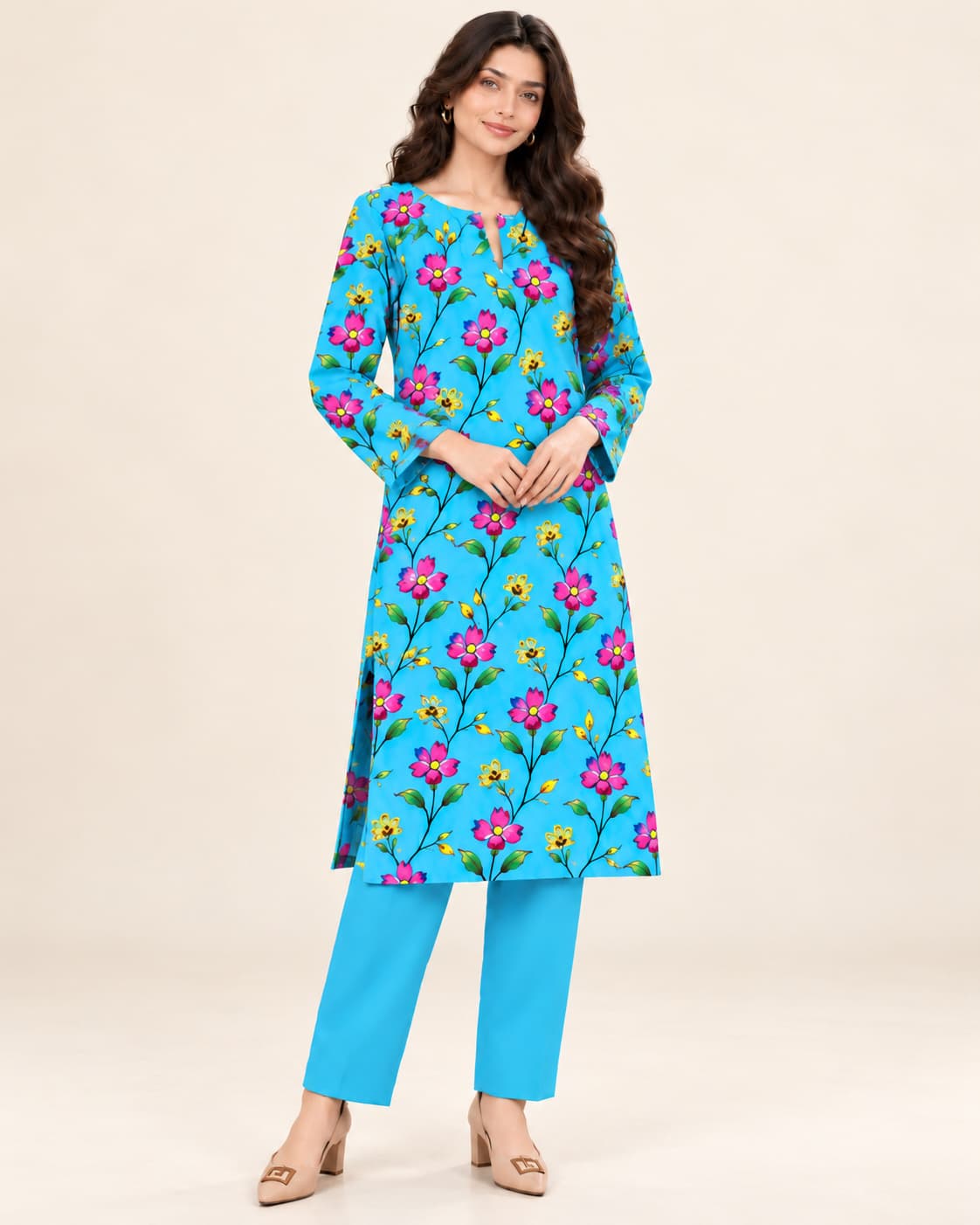 Turquoise Floral Printed Linen Marina Unstitched 2 Piece Suit product view - Zaylena Wear