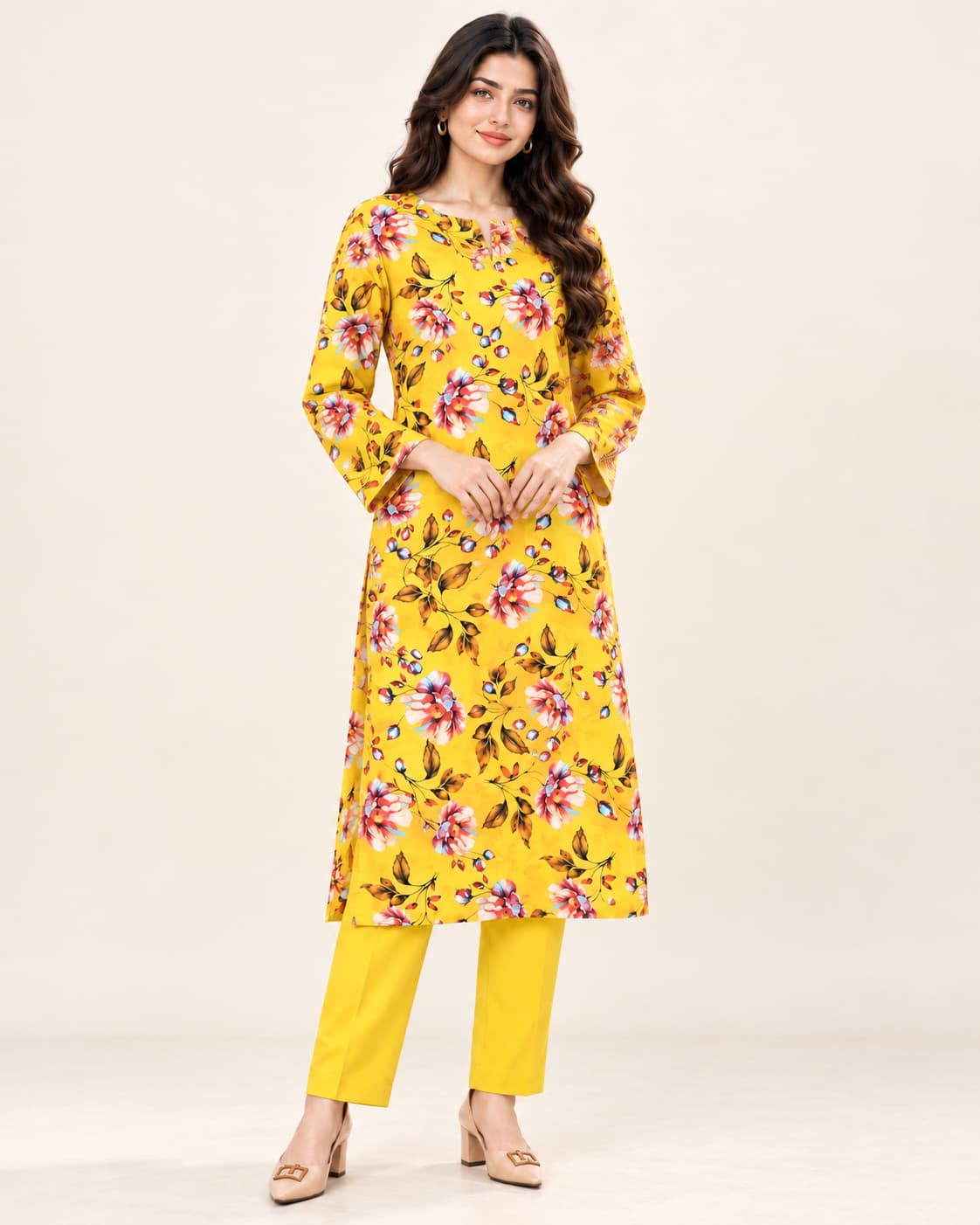 Yellow Floral Printed Linen Marina Unstitched 2 Piece Suit product view - Zaylena Wear