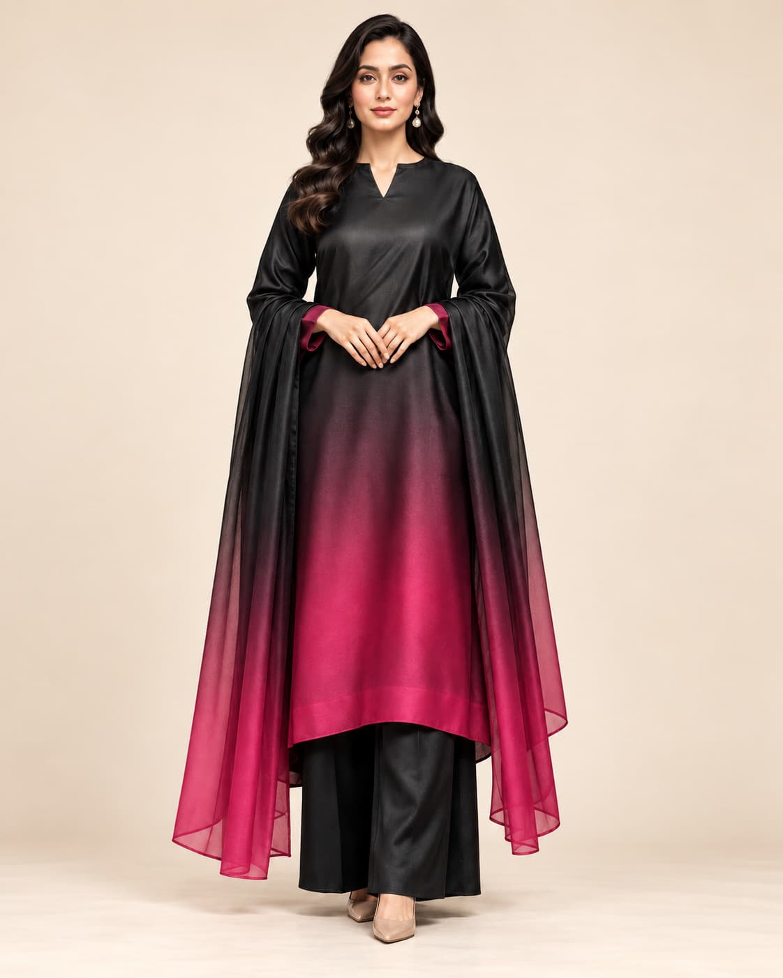 Black & Magenta Silk Unstitched 3 Piece Suit front view - Zaylena Wear