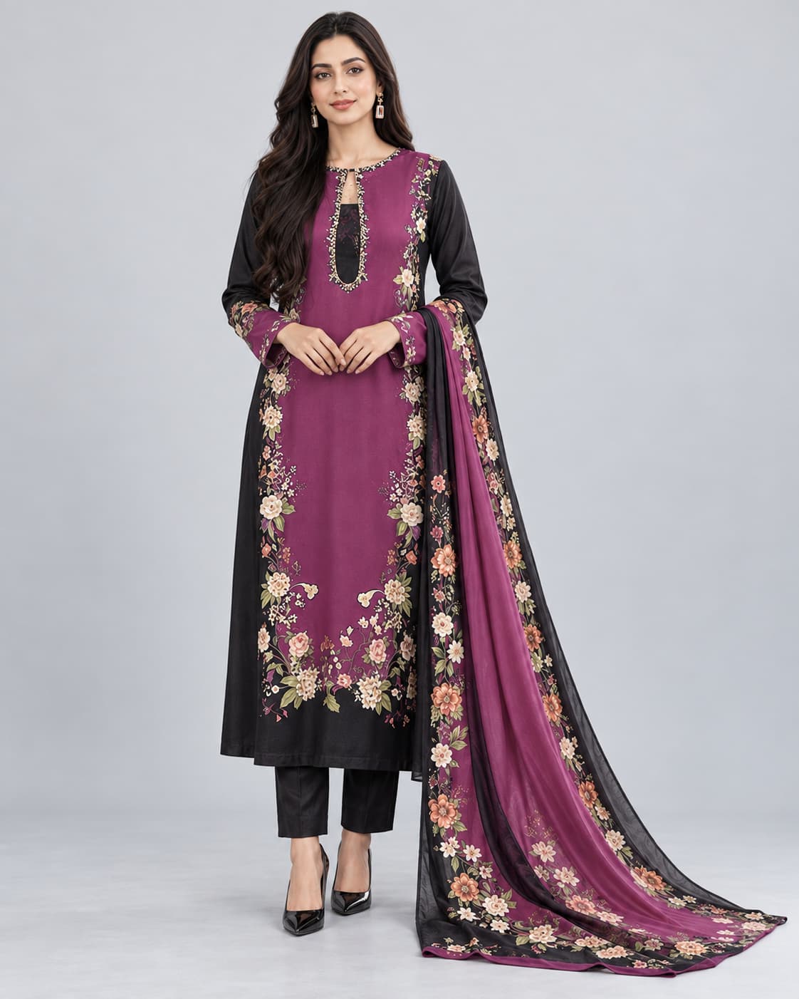 Black & Plum Floral Silk Unstitched 3 Piece Suit front view - Zaylena Wear