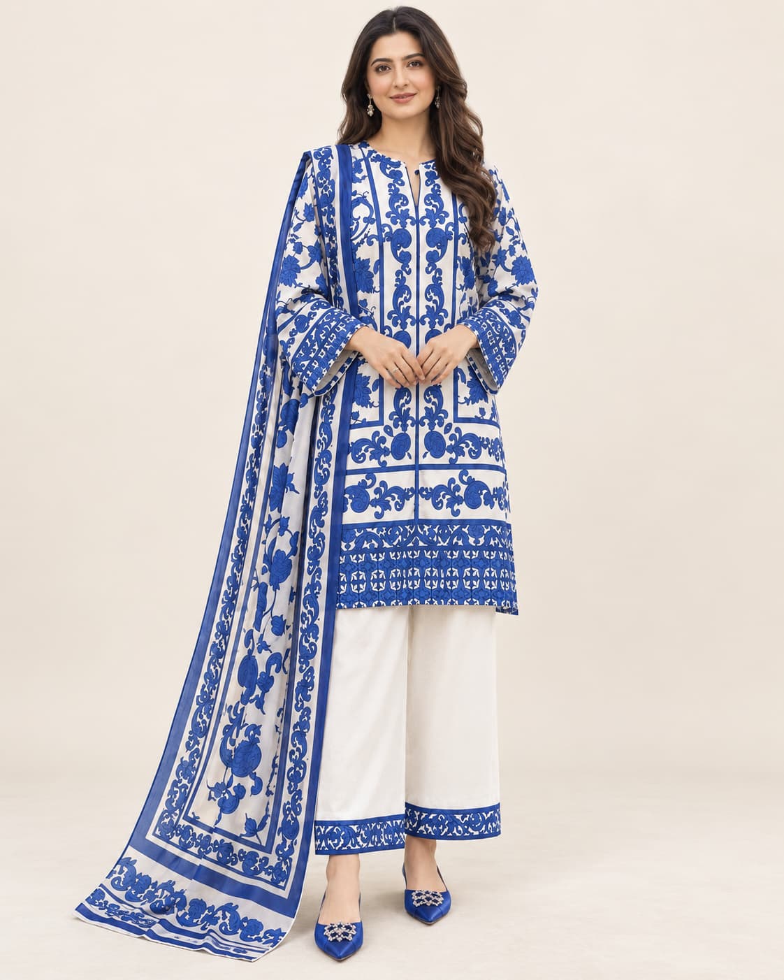 Blue & White Silk Unstitched 3 Piece Suit front view - Zaylena Wear