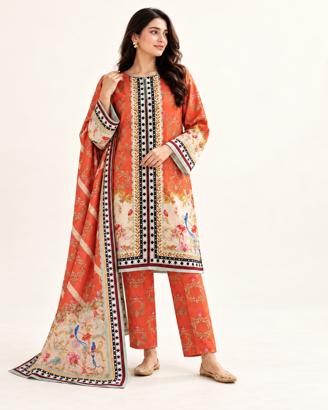 Orange Coral Bird Print Silk Unstitched 3 Piece Suit front view - Zaylena Wear