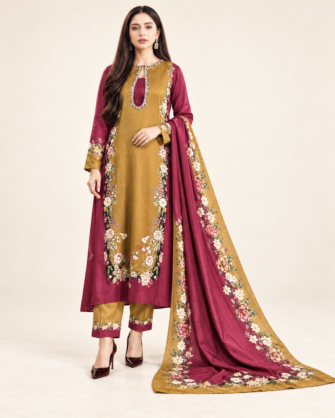 Gold & Plum Silk Unstitched 3 Piece Suit front view - Zaylena Wear