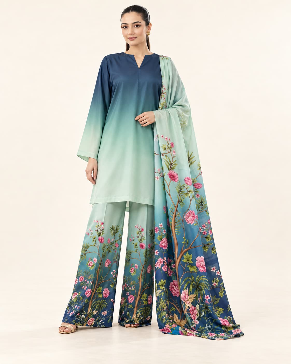 Mint & Navy Silk Unstitched 3 Piece Suit front view - Zaylena Wear