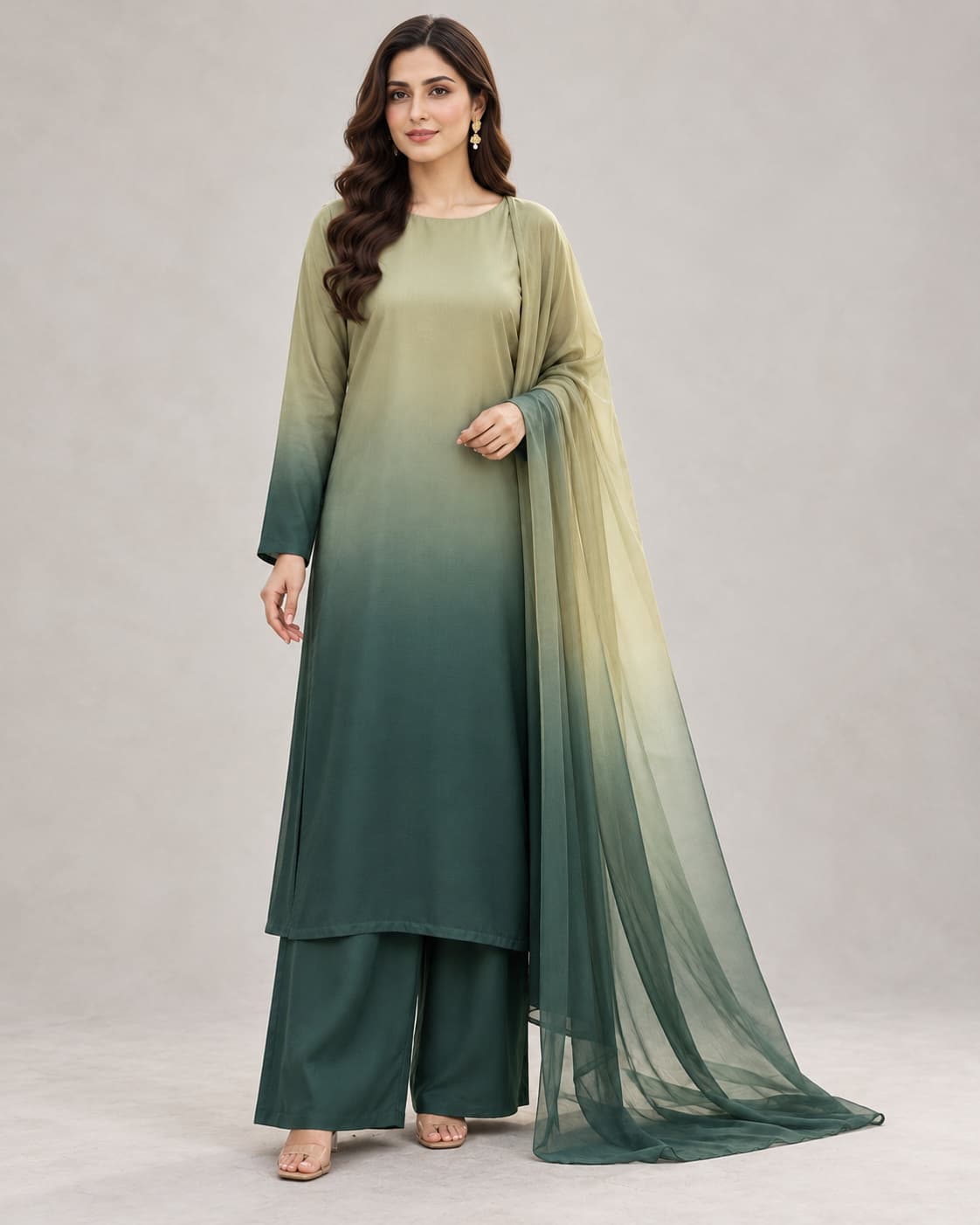Ombre Green Silk Unstitched 3 Piece Suit front view - Zaylena Wear