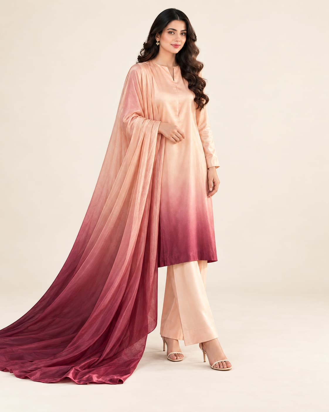 Peach & Burgundy Silk Unstitched 3 Piece Suit front view - Zaylena Wear