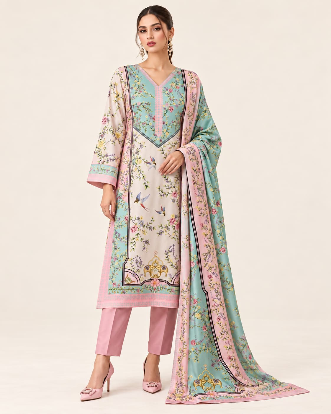 Pink & Turquoise Silk Unstitched 3 Piece Suit front view - Zaylena Wear