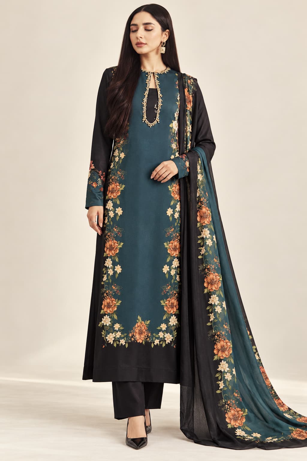 Black, Teal & Orange Floral Silk Unstitched 3 Piece Suit front view - Zaylena Wear