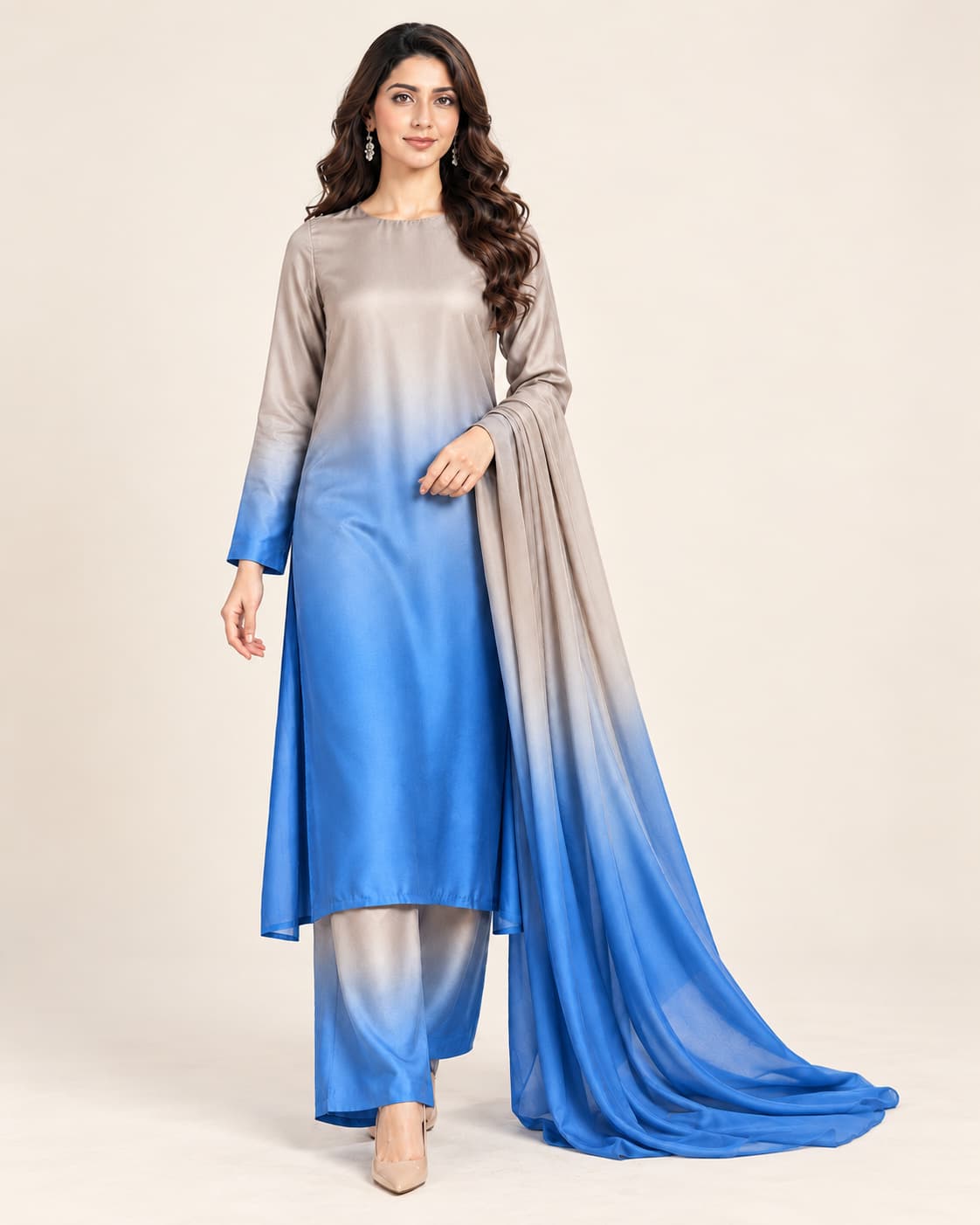 Taupe & Blue Silk Unstitched 3 Piece Suit front view - Zaylena Wear