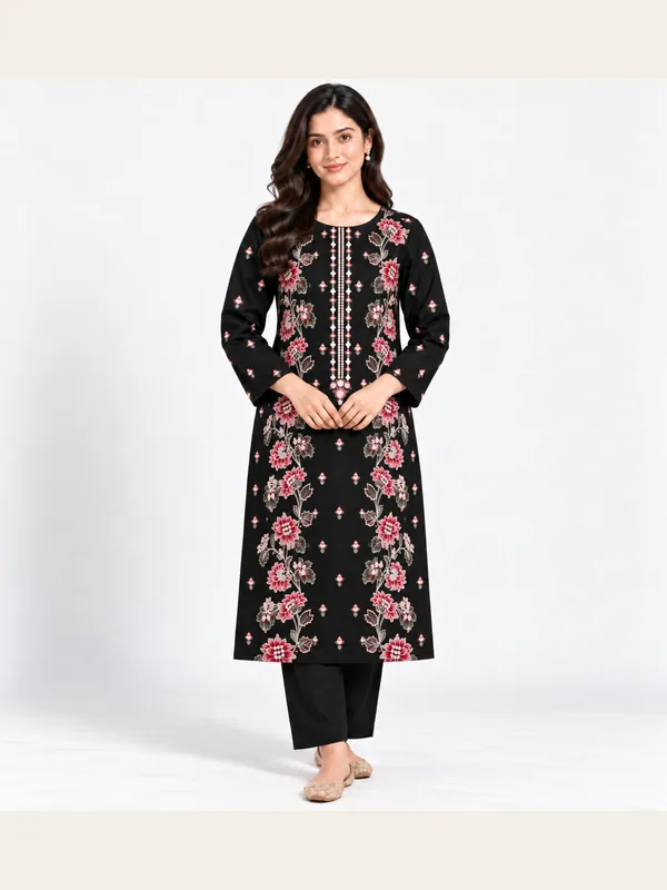 Black Embroidered Cotton Katrai Unstitched 2 Piece Suit front view - Zaylena Wear