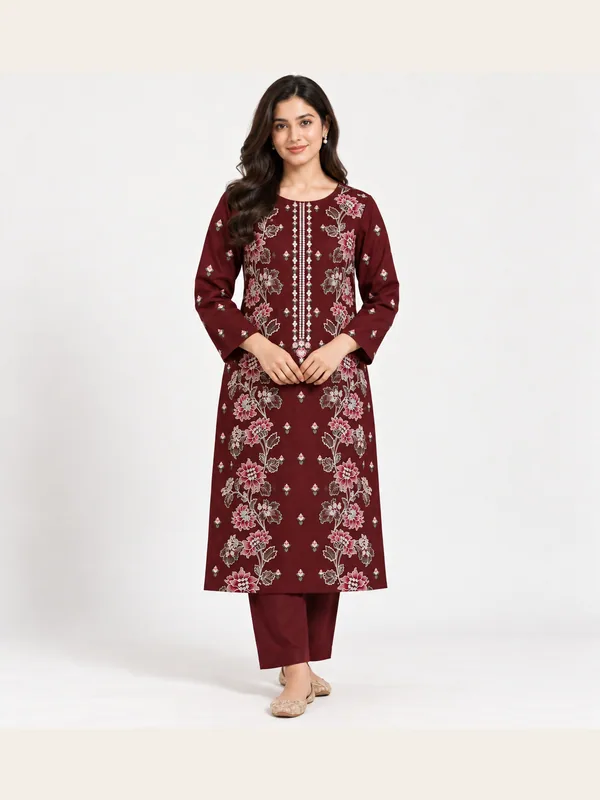 Burgundy Maroon Embroidered Cotton Katrai Unstitched 2 Piece Suit front view - Zaylena Wear