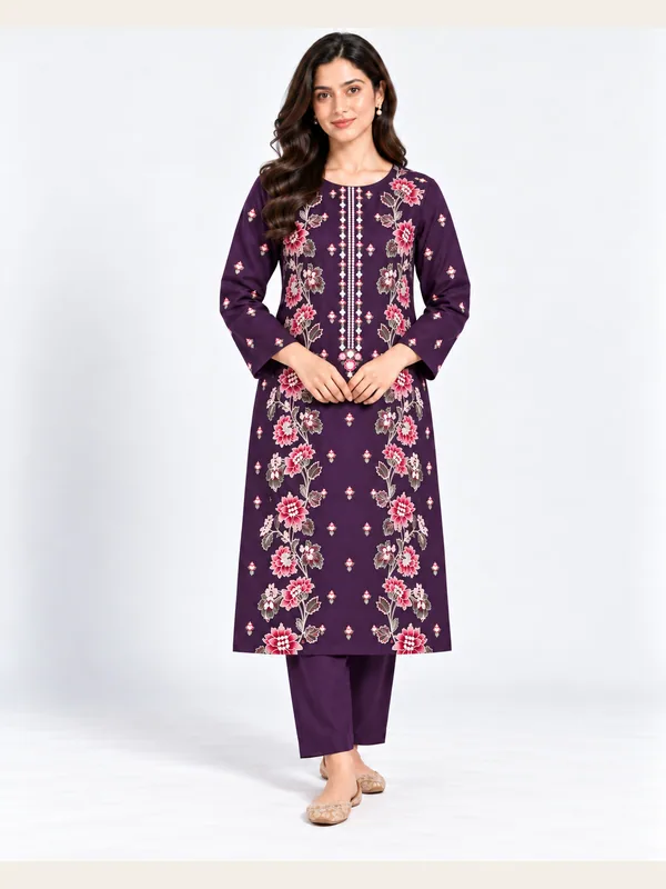 Purple Embroidered Cotton Katrai Unstitched 2 Piece Suit front view - Zaylena Wear