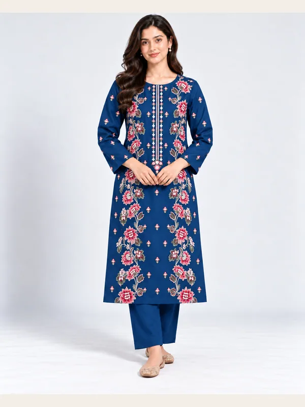 Royal Blue Embroidered Cotton Katrai Unstitched 2 Piece Suit front view - Zaylena Wear