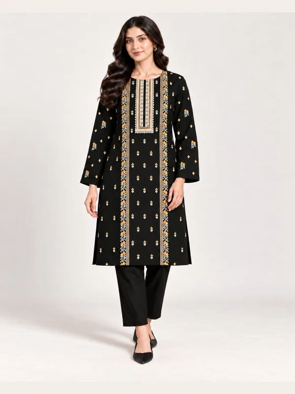 Black Embroidered Karandi Unstitched 2 Piece Suit front view - Zaylena Wear