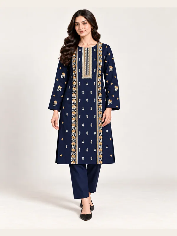 Navy Blue Embroidered Karandi Unstitched 2 Piece Suit front view - Zaylena Wear