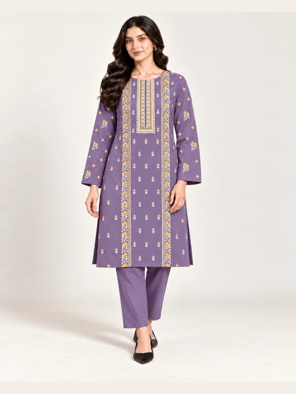 Purple Embroidered Karandi Unstitched 2 Piece Suit front view - Zaylena Wear