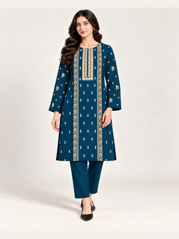 Teal Blue Embroidered Karandi Unstitched 2 Piece Suit front view - Zaylena Wear
