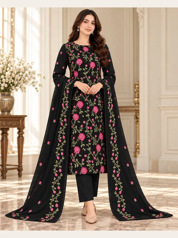 Black Embroidered Karandi 3 Piece Suit with Karandi Dupatta front view - Zaylena Wear