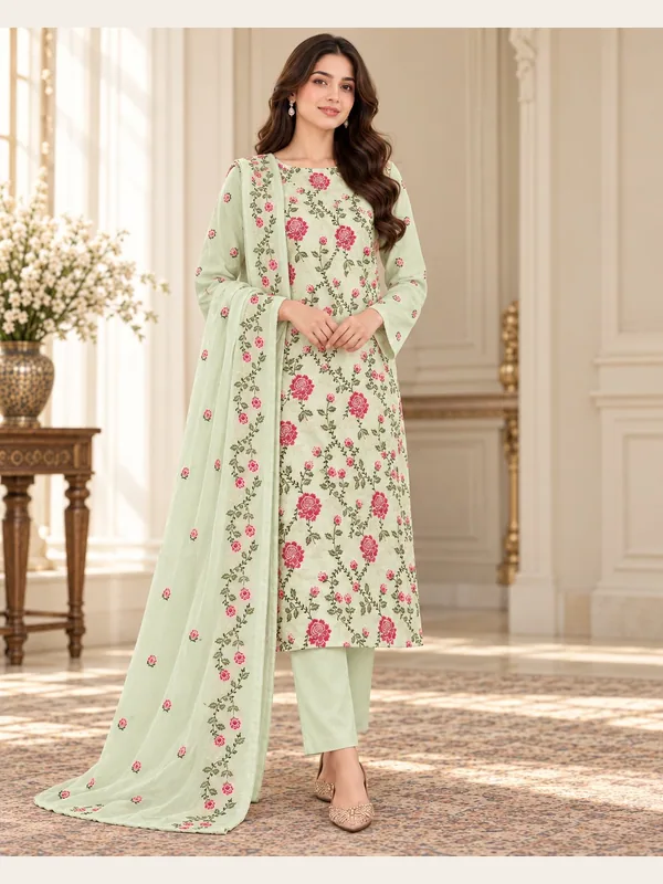 Green Embroidered Karandi 3 Piece Suit with Karandi Dupatta front view - Zaylena Wear