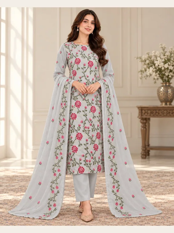 Grey Embroidered Karandi 3 Piece Suit with Karandi Dupatta front view - Zaylena Wear
