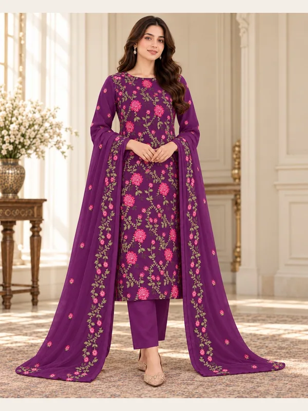 Purple Embroidered Karandi 3 Piece Suit with Karandi Dupatta front view - Zaylena Wear